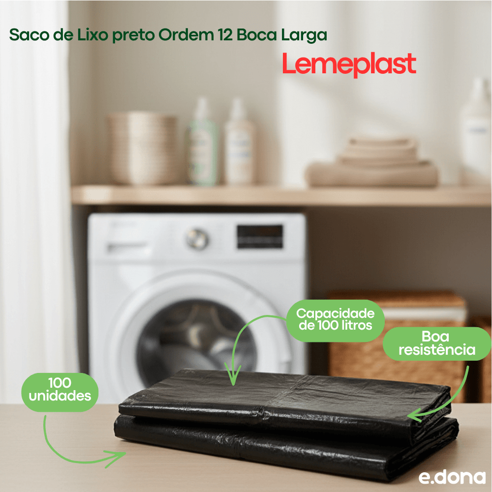 Saco de lixo Preto 100 litros Ordem 12 Boca larga Lemeplast com 100 unidades - e - dona