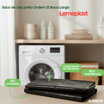 Saco de lixo Preto 100 litros Ordem 12 Boca larga Lemeplast com 100 unidades - e - dona