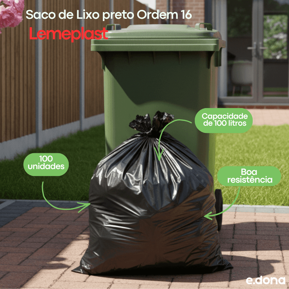 Saco de Lixo Preto 100 Litros Ordem 16 Lemeplas com 100 Unidades - e - dona
