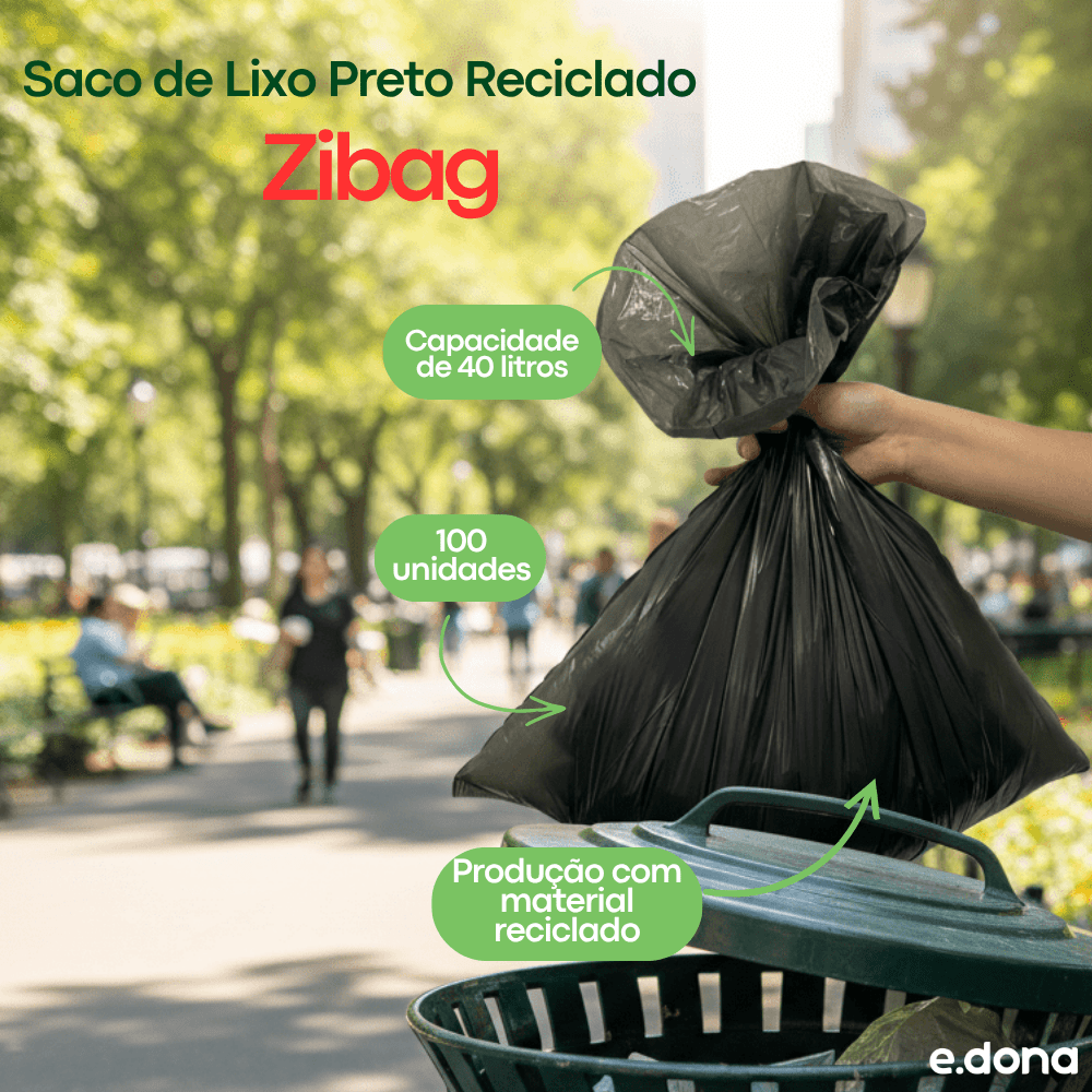 Saco de lixo preto 40 litros Rolo reciclado Econômico Zibag com 100 unidades - e - dona