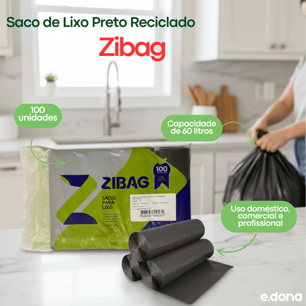 Saco de Lixo Preto 60 Litros Rolo Reciclado Econômico Zibag - e - dona