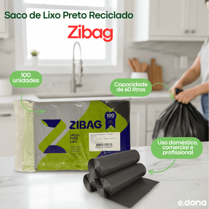Saco de Lixo Preto 60 Litros Rolo Reciclado Econômico Zibag - e - dona