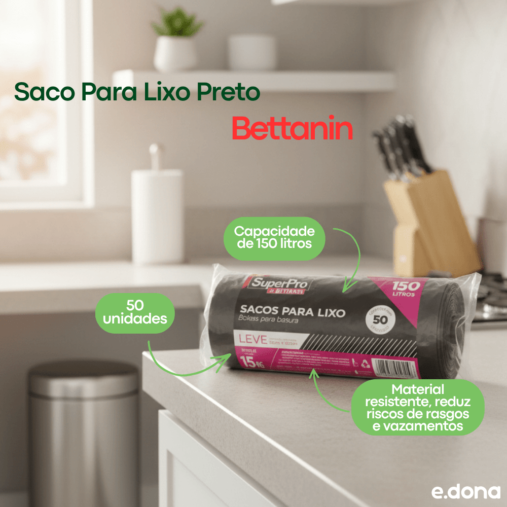 Saco P/ Lixo 150L Preto c/50 unidades Bettanin - e - dona