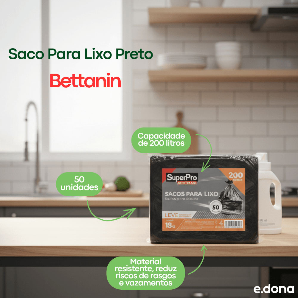 Saco p/ Lixo 200L Preto rolo c/ 50 unidades Bettanin - e - dona