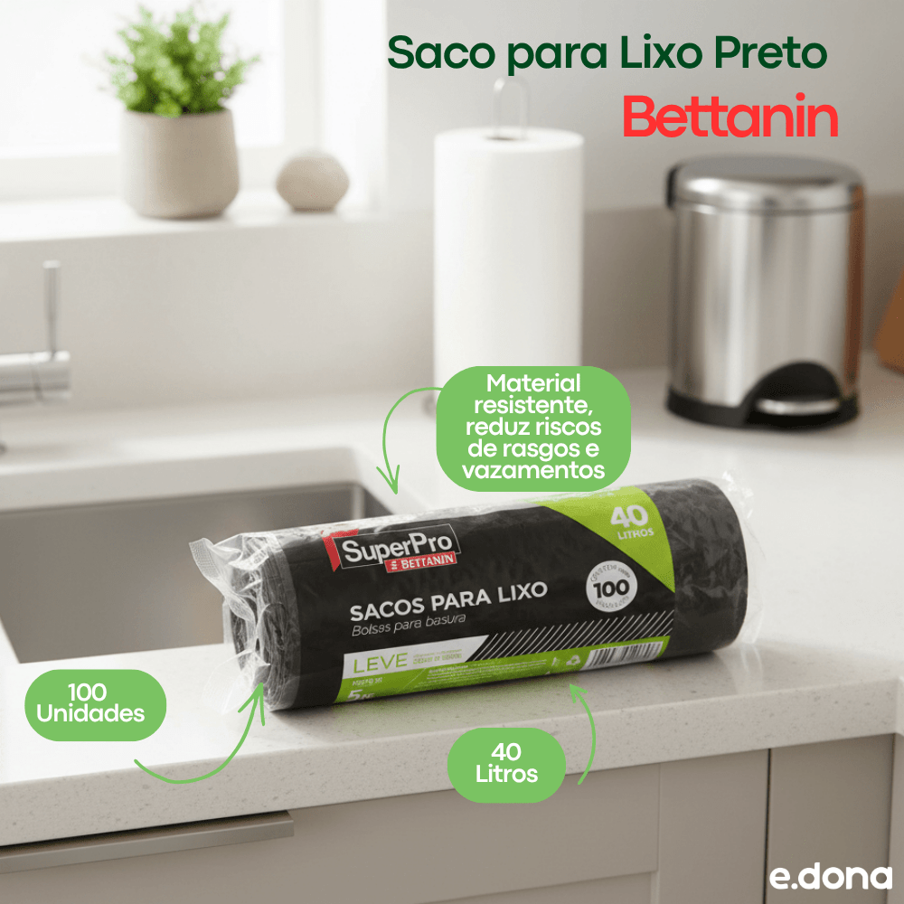 Saco para Lixo 40 Litros Preto com 100 Unidades Bettanin - e - dona