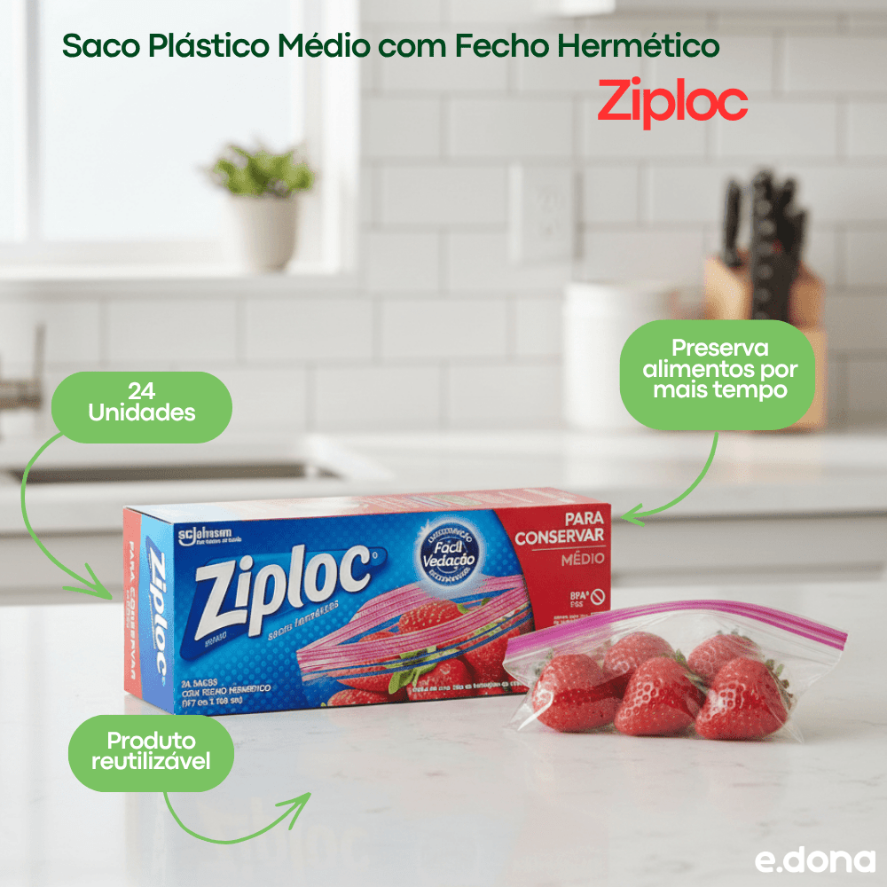 Saco Plástico Médio Ziploc com Fecho Hermético - e - dona