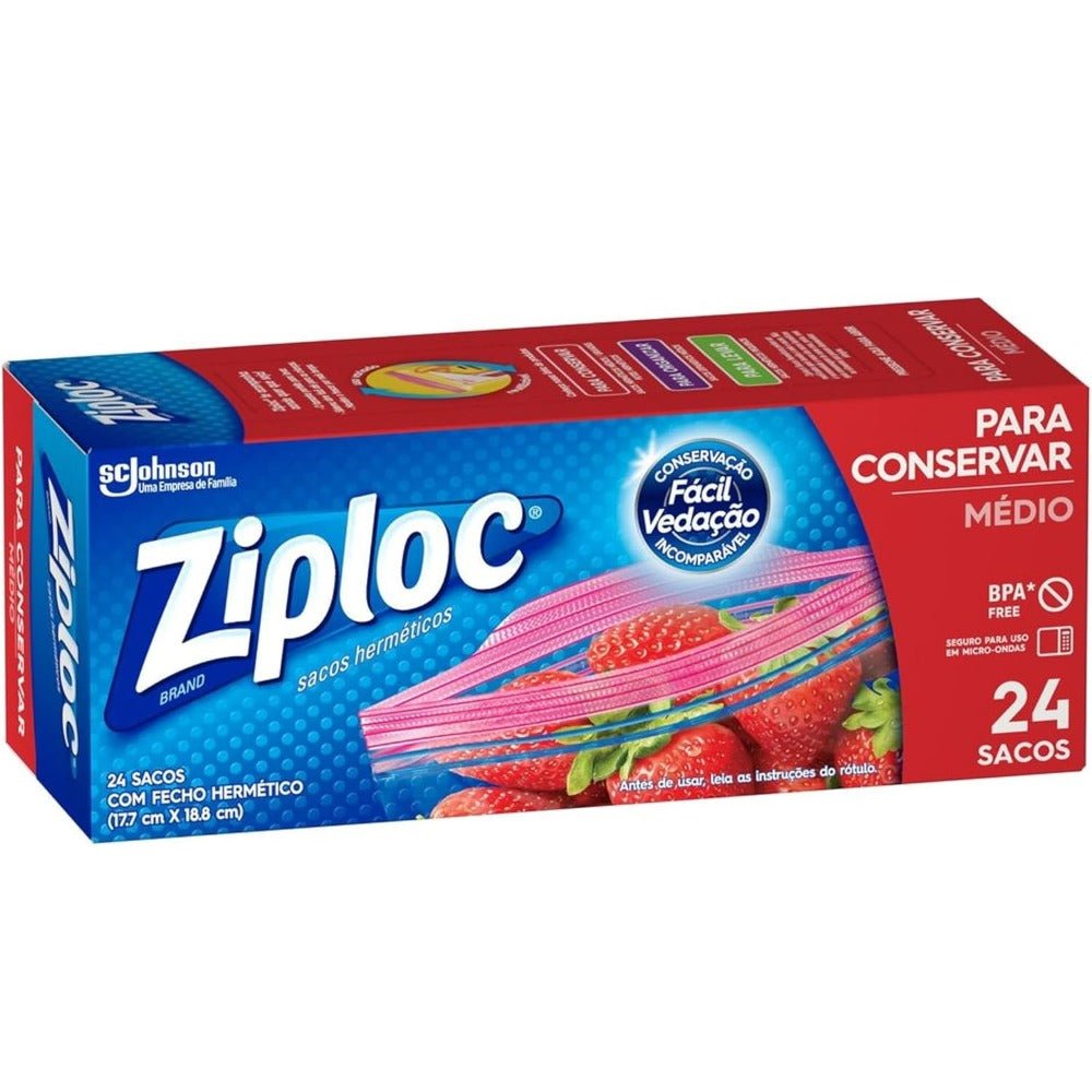 Saco Plástico Médio Ziploc com Fecho Hermético para conservar c/ 24 unidades - e - dona
