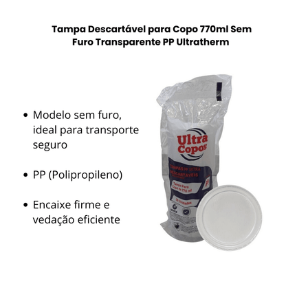 Tampa Descartável para Copo 770ml Sem Furo Transparente PP Ultratherm 50 Unidades - e - dona