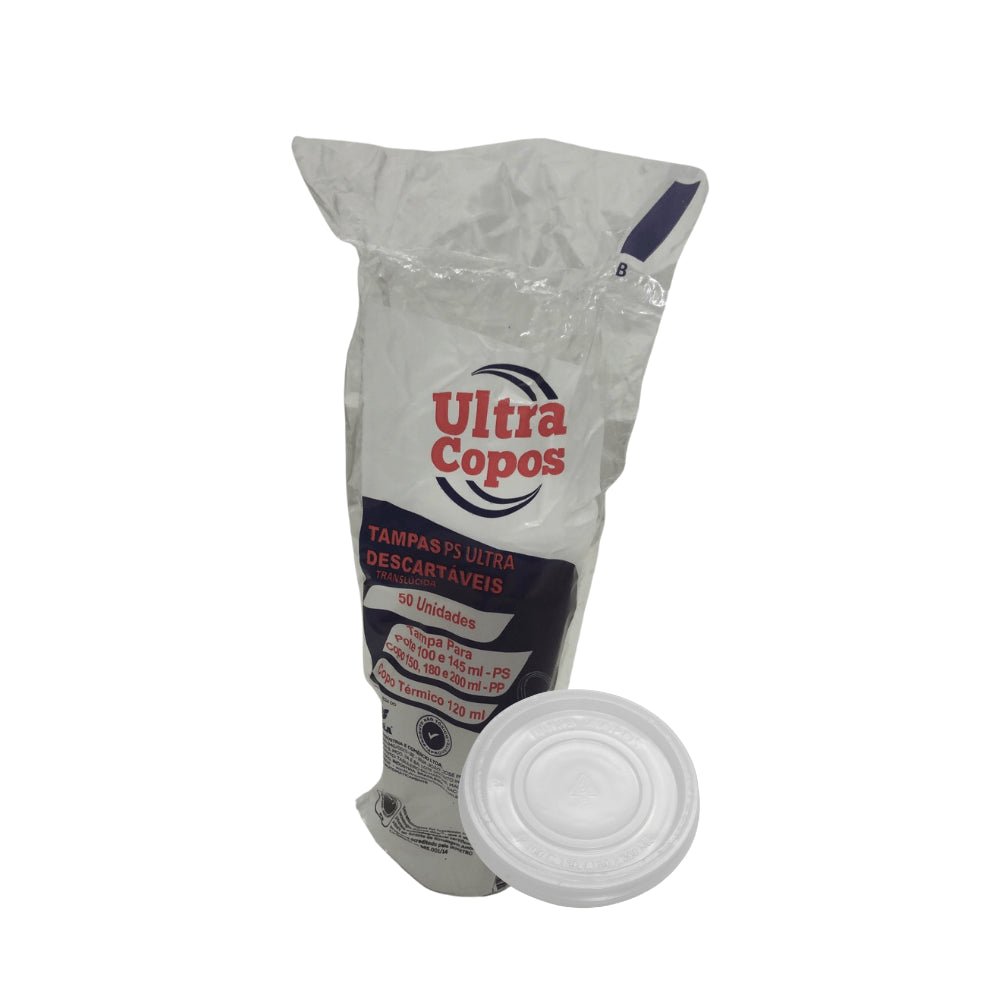 Tampa para Potes 100/145ml e copos PS 150ml/180/200 e 120ml de isopor transparente sem furo PS Ultratherm com 50 unidades - e - dona
