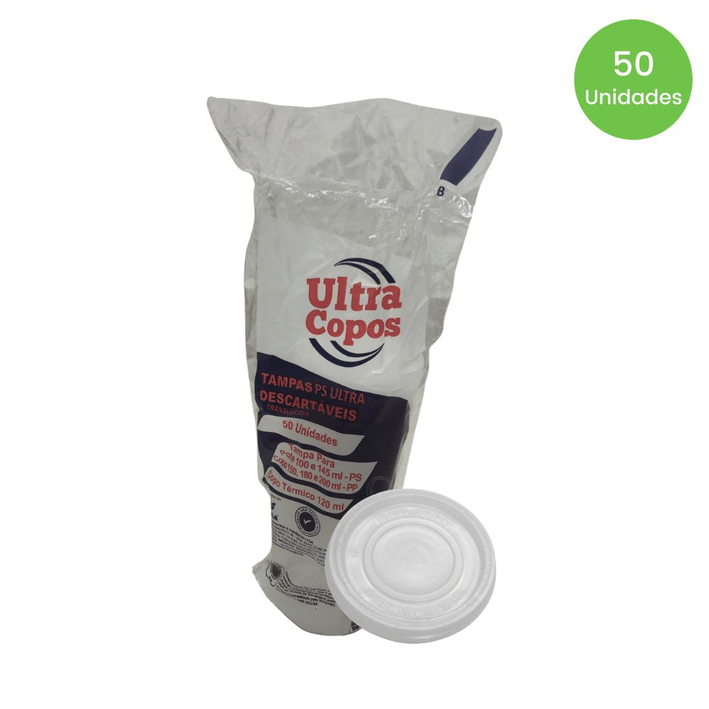 Tampa para Potes 100/145ml e copos PS 150ml/180/200 e 120ml de isopor transparente sem furo PS Ultratherm com 50 unidades - e - dona