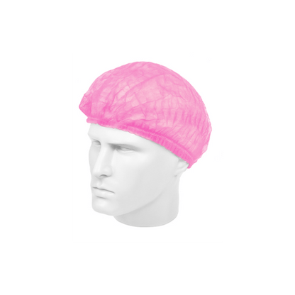 Touca descartável rosa em tecido leve e translúcido, modelo sanfonado, utilizada para proteção dos cabelos, apresentada em manequim. Imagem ilustrativa.