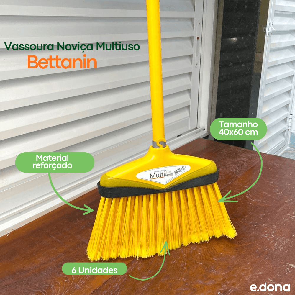 Vassoura Noviça Multiuso de Nylon plumado com cabo Amarelo Bettanin - e - dona