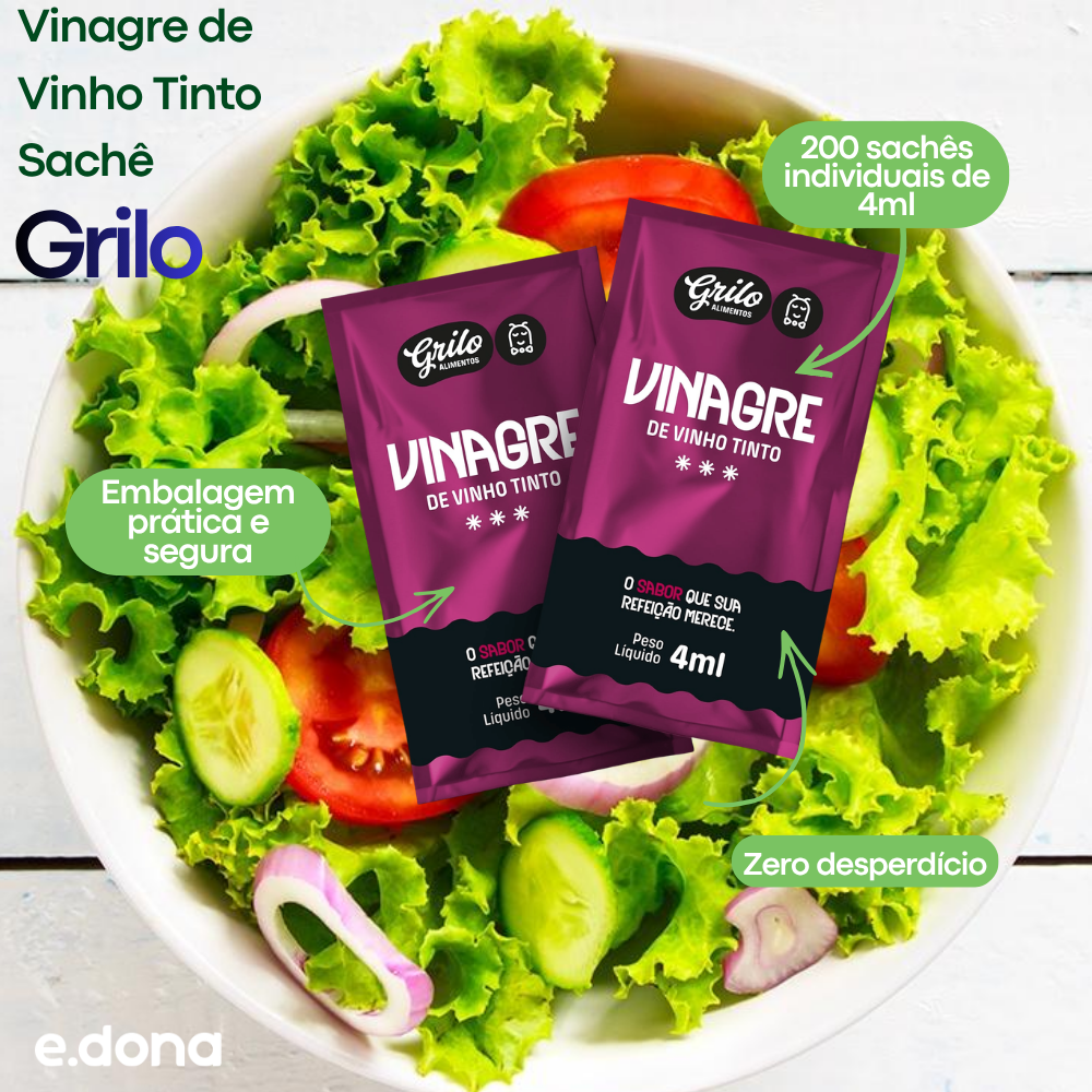 Vinagre de Vinho Tinto Sachê 4ml com 200 Unidades Grilo - e - dona